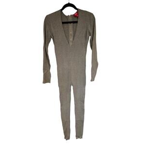 Hera collection Women one peice bodysuit jumpsuit rayon ribbed Plunge gray small